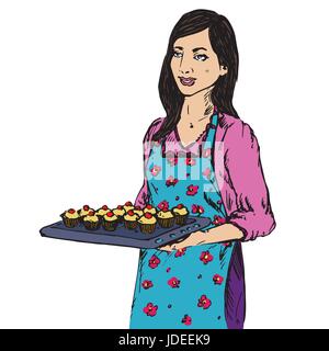 Young housewife dressed in apron, hold a baking tray with cupcakes, hand drawn doodle, sketch in pop art style, vector illustration Stock Vector
