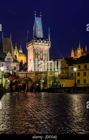 Night view of Mala Strana Bridge Tower and Charles Bridge, Prague, Bohemia, Czech Republic Stock Photo