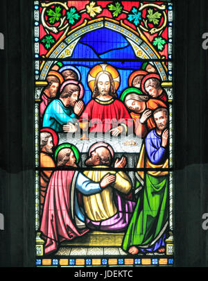 Story of Easter, The Last Supper, St. John the Evangelist leans his head towards Jesus, stained glass window by William Warrington, 1854, Gunthorpe Stock Photo