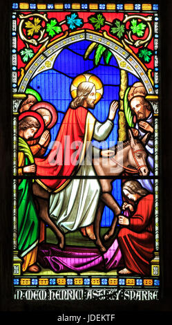 Story of Easter, Christ enters Jerusalem on a donkey, Palm Sunday, stained glass window by William Warrington, 1854, Gunthorpe, Norfolk, England, UK Stock Photo