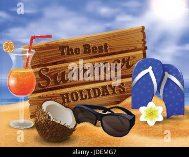 tropical vector background with summer sky and clouds wooden desk coconut orange juice flip-flops and sunglasses on a sand beach Stock Vector
