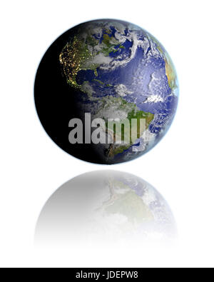 Realistic globe hovering above white reflective surface facing Americas. 3D illustration with detailed planet surface. Elements of this image furnishe Stock Photo