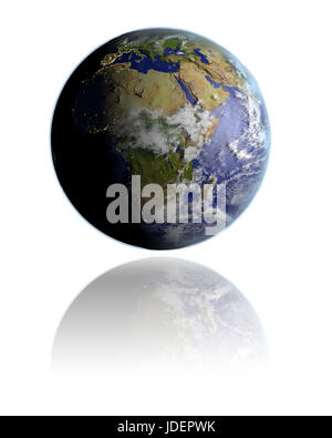 Realistic globe hovering above white reflective surface facing Africa. 3D illustration with detailed planet surface. Elements of this image furnished  Stock Photo