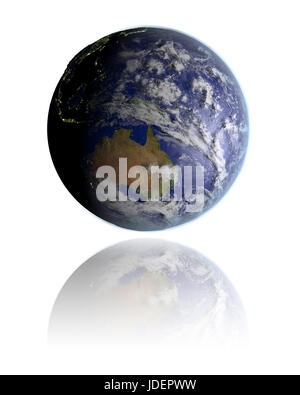 Realistic globe hovering above white reflective surface facing Australia. 3D illustration with detailed planet surface. Elements of this image furnish Stock Photo