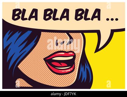 Pop art style comic book panel with girl talking nonsense small talk chatter in speech bubble vector poster design illustration Stock Vector