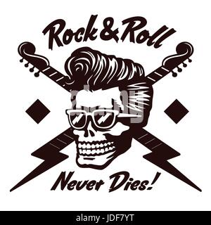 Rock'n'Roll never dies! Skull zombie head with rockabilly pomp hairstyle and sunglasses  vector illustration Stock Vector