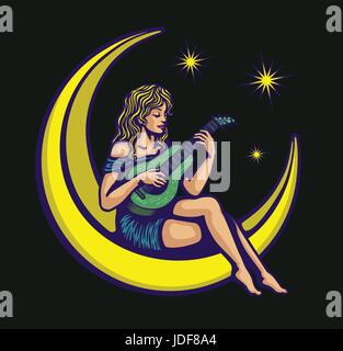 Moonlight Serenade, cute naive pin up girl playing guitar lullaby sitting on crescent moon vector illustration Stock Vector
