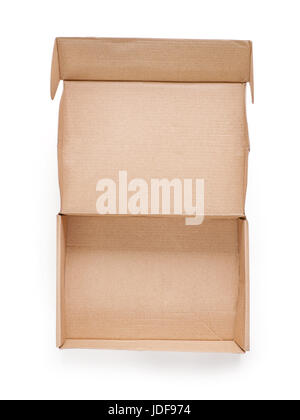 Open rough cardboard box. Isolated on white, clipping path included. Top view Stock Photo