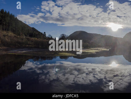 Aerial view by drone of Thirlmere, looking south towards Dunmail Raise and Grasmere Stock Photo