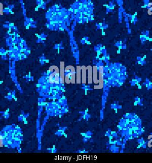 Vector denim floral seamless pattern. Faded jeans background with dandelion flowers. Blue jeans cloth background. Stock Vector