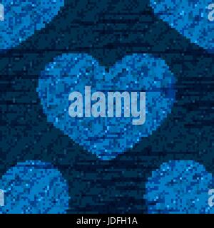 Vector denim romantic seamless pattern. Faded jeans background with zentangle hearts. Blue jeans cloth background. Stock Vector