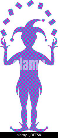 Pink and turquoise checked silhouette of Joker playing with cards on white background Stock Vector