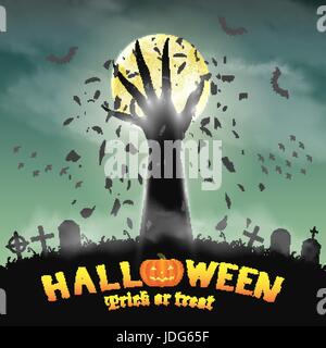 halloween monster hand rising from night graveyard Stock Vector