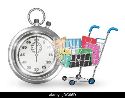 stopwatch with shopping cart on white background Stock Vector