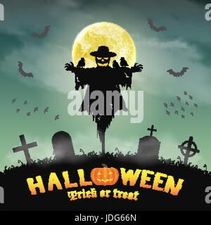 halloween silhouette scarecrow in night graveyard Stock Vector