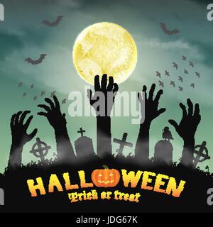 halloween silhouette zombie hand in night graveyard Stock Vector