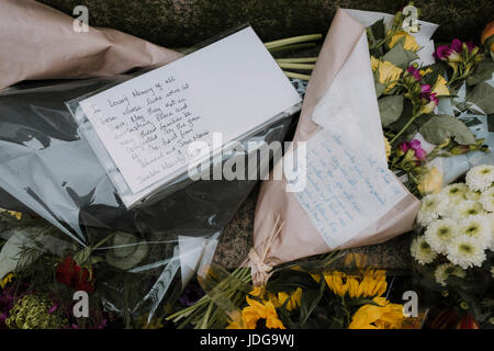 Memorials left at St Ann's Square for the victims of the Manchester Arena terror attack on 22nd May 2017 and their friends and families Stock Photo