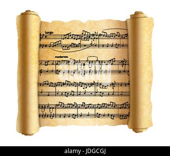 Complicated abstract melody notes on old textured scroll isolated on white Stock Vector