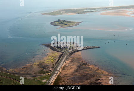 aerial view looking Sth from Roa Island + RNLI Lifeboat Station, towards Piel Island & Walney Lighthouse in the distance; Barrow in Furness, Cumbria Stock Photo