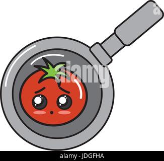 kawaii cute happy tomato vegetable inside skillet pan Stock Vector