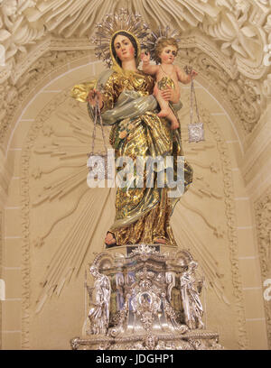 Religious statue Madonna and baby Jesus inside Carmelite church, Basilica of Our Lady of Mount Carmel, Valletta, Malta Stock Photo
