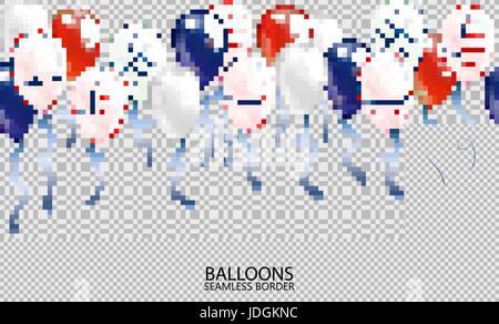 Seamless realistic ballon border on transparent background. USA patriotic colors ballons. Vector Stock Vector