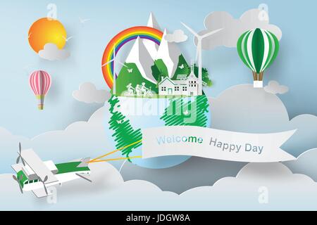 paper art of World environment day. Earth globe with  style Concept design for banner,Vector illustration Stock Vector