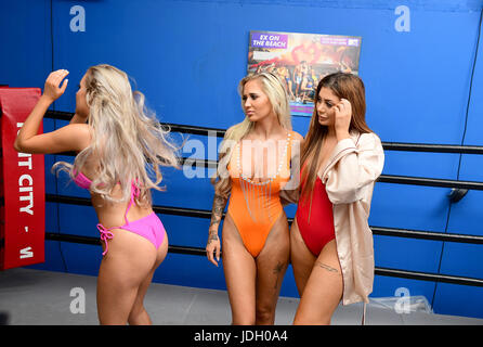 Georgia Crone, Che McSorely and Chloe Ferry attending the Ex On The Beach Photocall, held at the Fight City Gym, London. PRESS ASSOCIATION Photo. Picture date: Tuesday June 20, 2017. Stock Photo