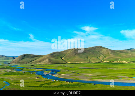 Tents in the river bed landscape of the Orkhon river, UNESCO World Heritage Site Orkhon Valley Cultural Landscape, Mongolia Stock Photo