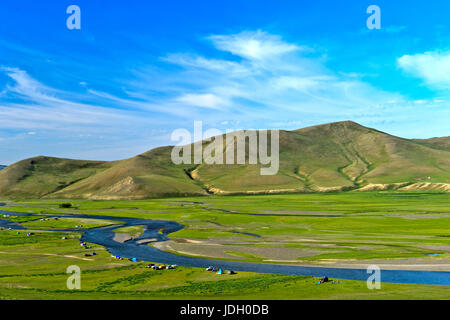 Tents in the river bed landscape of the Orkhon river, UNESCO World Heritage Site Orkhon Valley Cultural Landscape, Mongolia Stock Photo