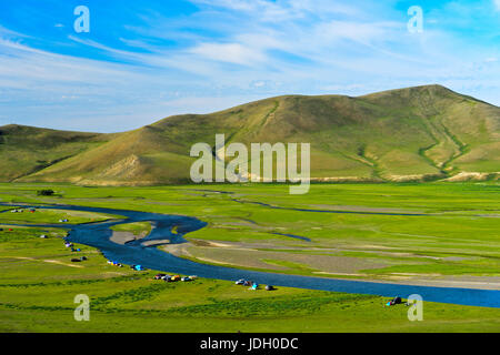 Tents in the river bed landscape of the Orkhon river, UNESCO World Heritage Site Orkhon Valley Cultural Landscape, Mongolia Stock Photo