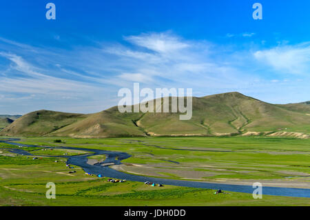 Tents in the river bed landscape of the Orkhon river, UNESCO World Heritage Site Orkhon Valley Cultural Landscape, Mongolia Stock Photo