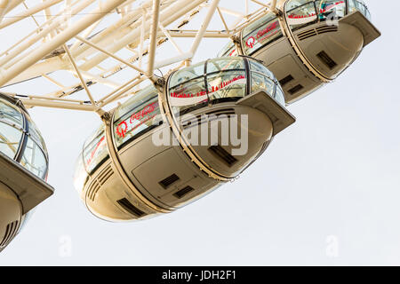 London, England - April 3, 2017: Detail of London Eye (London, UK). Millenium Eye is the world's largest wheel, 135 meters high and 120 meters wide in Stock Photo
