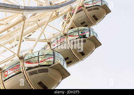 London, England - April 3, 2017: Detail of London Eye (London, UK). Millenium Eye is the world's largest wheel, 135 meters high and 120 meters wide in Stock Photo