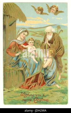 Original Edwardian Christmas greetings postcard of Nativity scene, circa 1905, U.K. Stock Photo