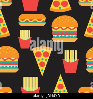 Seamless bright pattern of burgers and fast food on a dark background Stock Vector