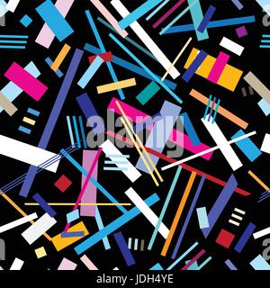 Seamless bright geometric pattern from strips and lines on a dark background Stock Vector