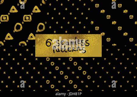 Abstract seamless pattern set. Six black and gold grunge backgrounds with simple geometric shapes. Stock Vector