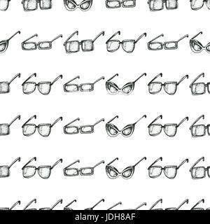 Different glasses types seamless pattern, hand drawn doodle style vector. Black and white cartoon style illustration Stock Vector