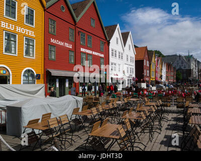 Preserved colourful wooden buildings Hanseatic commercial buildings Bryggen Bergen Norway  UNESCO World Heritage Site Stock Photo