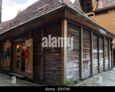 Preserved wooden buildings Hanseatic commercial building housing Bryggen Visitor Centre Bergen Norway Tyskebryggen; UNESCO World Heritage Site Stock Photo