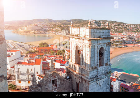 View of the sea from a height of Pope Luna's Castle. Valencia, Spain.  Peniscola. CastellÃ³n. The medieval castle of the Knights Templar on the beach. Stock Photo