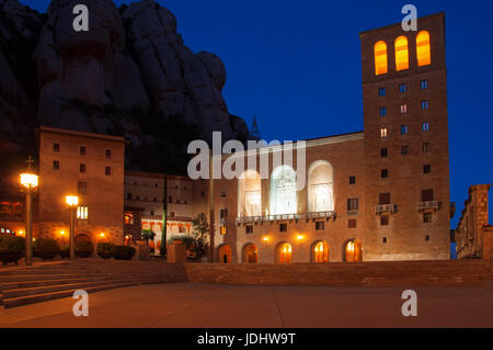 Spain. Montserrat Monastery. Night view of Santa Maria de Montserrat Abbey Stock Photo