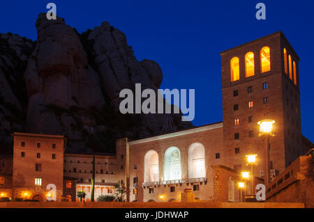 Spain. Montserrat Monastery. Night view of Santa Maria de Montserrat Abbey Stock Photo