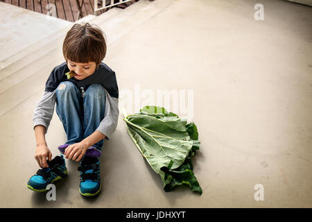 https://l450v.alamy.com/450v/jdhxyt/young-boy-chewing-rhubarb-and-putting-on-his-shoes-sitting-next-to-jdhxyt.jpg