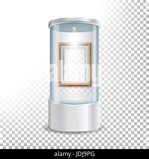 Transparent Glass Museum Showcase Podium With Wooden Picture Frame Template, Spotlight And Sparks. Mock Up Capsule Box For Exhibit And Display Your Pr Stock Vector