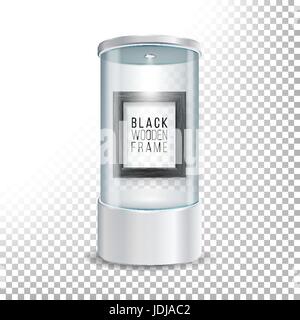 Transparent Glass Museum Showcase Podium With Dark Wooden Picture Frame Template, Spotlight And Sparks. Mock Up Capsule Box For Exhibit And Display Yo Stock Vector