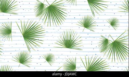 Tropical fan palm leaves, jungle green leaf seamless vector floral pattern background with blue dots and stripes beautiful botanical plant summer tree Stock Vector