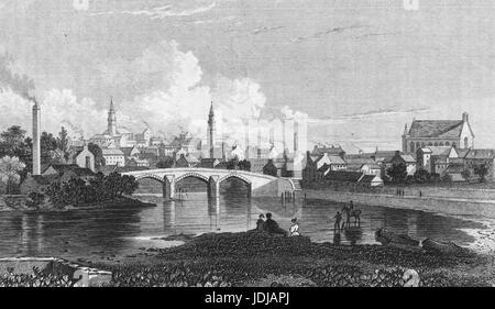 Engraving depicting a bridge spanning the White Cart Water in the town of Paisley, Scotland, 1850. From the New York Public Library. Stock Photo