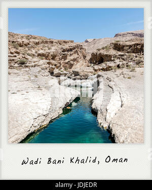 River (with turquoise water) and pool in the canyon of Wadi Bani Khalid, Oman - Vintage effect and Polaroid frame added Stock Photo